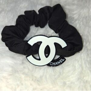 CHANEL Black Scrunchie with White CC Logo Accent